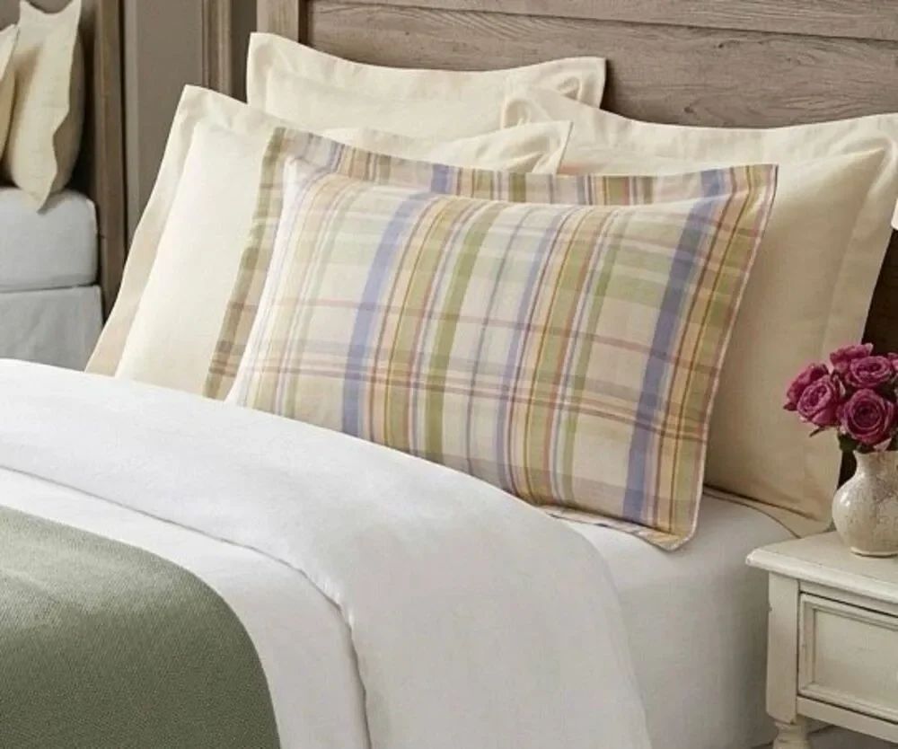 Standard 1 PILLOW SHAM Laura Ashley blue white green PLAID Summer Haven NEW